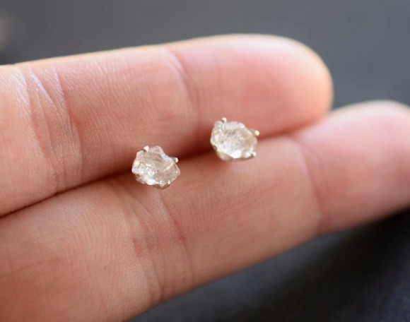 Raw Diamond Earrings, Rough Crystal Studs, Dainty Minimalist Earrings, S… - Picture 2 of 10